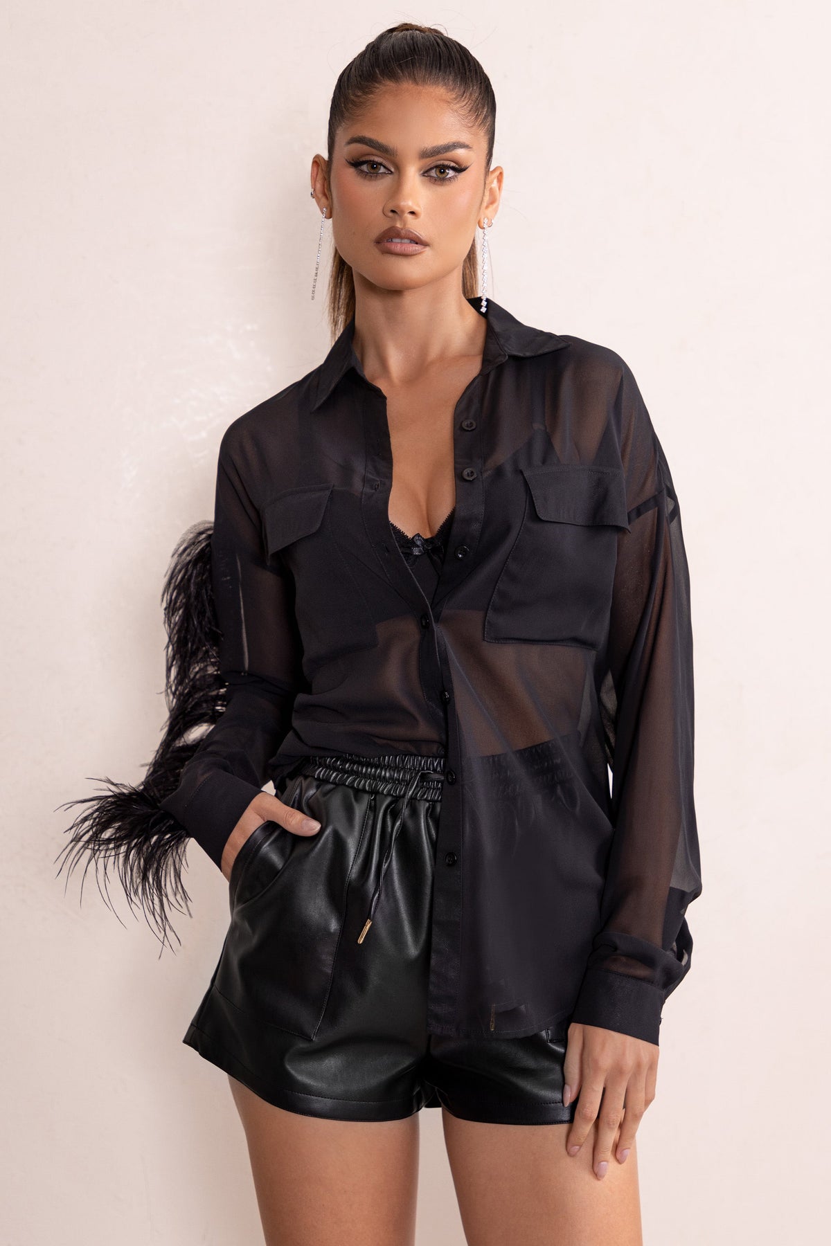 Loosen Up Black Plunge Neck Utility Pockets Shirt With Feather