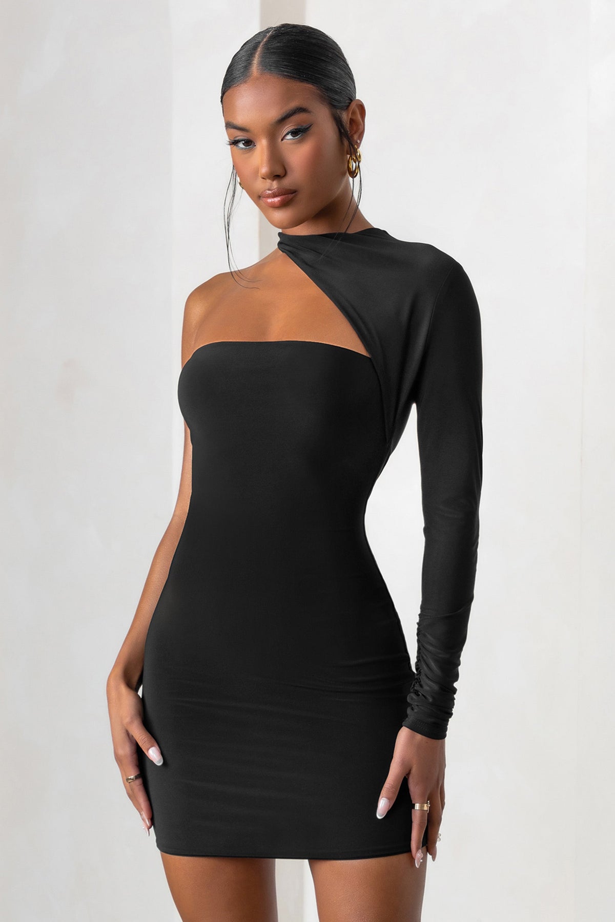 Shop one shoulder black sheath long sleeve formal dress with side slit from