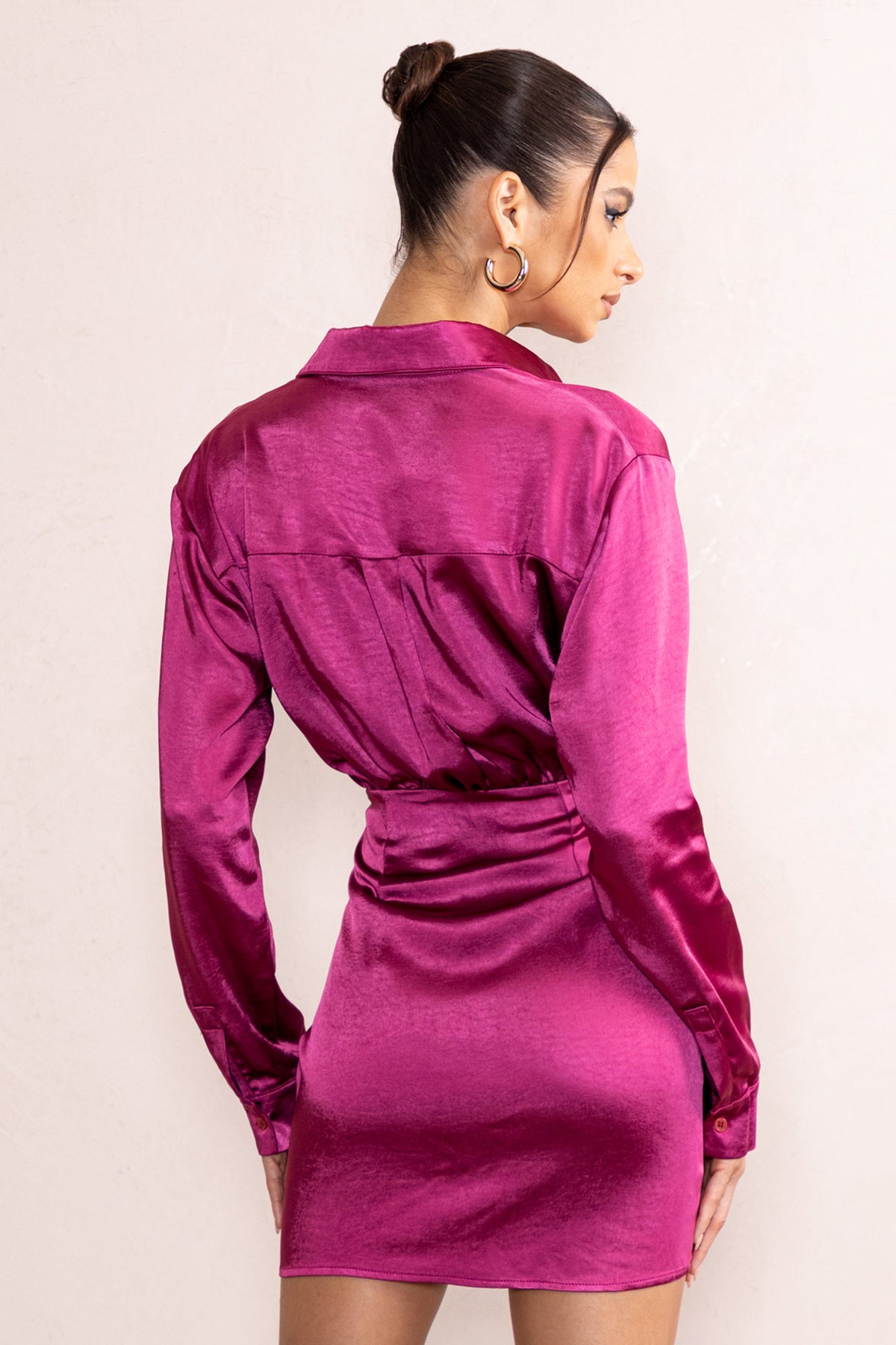 Francine Orchid Satin Ruched Long Sleeve Shirt Mini Dress – Club L London -  USA