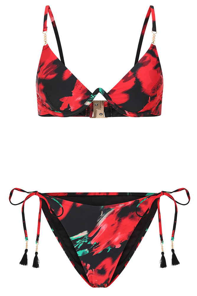 Venice Red Trim Floral Print Triangle String Bikini Black Velvet Swim –  ShopAA
