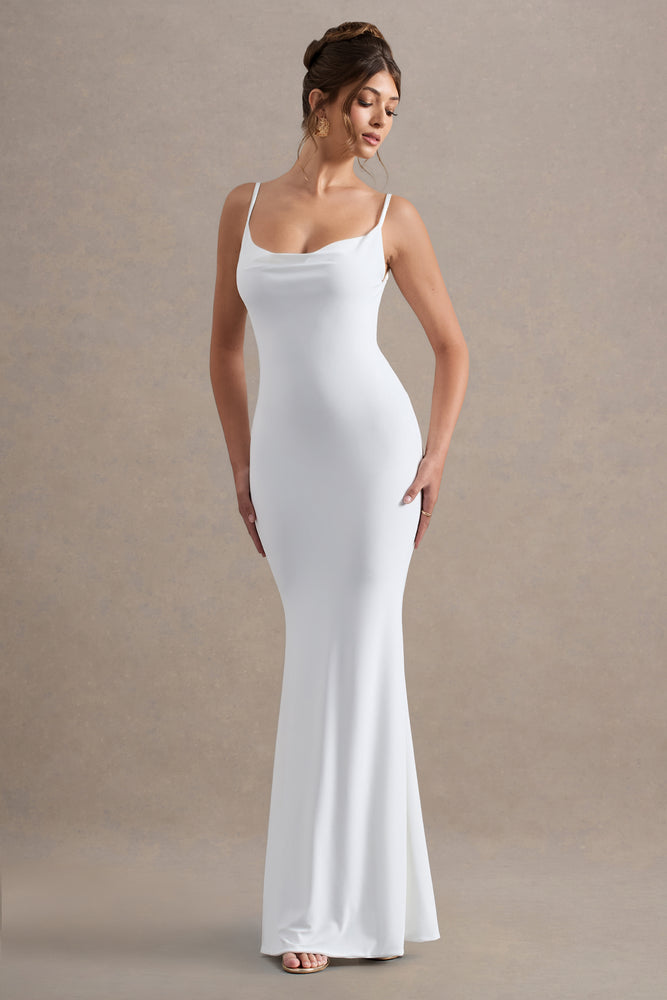 Francoise | White Cowl Neck Backless Maxi Dress With Lace Insert - UK 4 White Francoise | White Cowl Neck Backless Maxi Dress With Lace Insert - UK 4 White