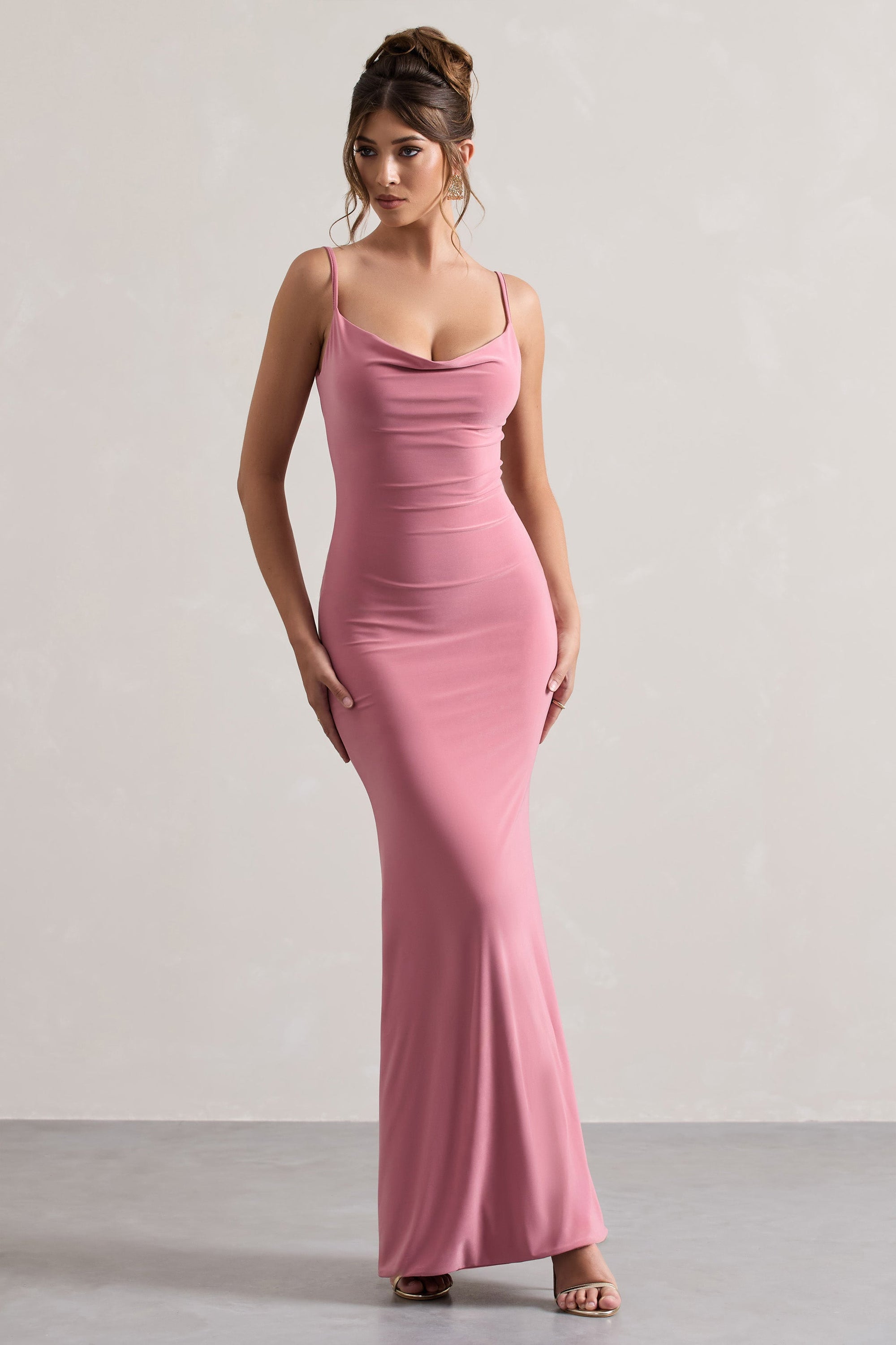 Francoise | Blush Cowl Neck Backless Maxi Dress With Lace Insert – Club L London