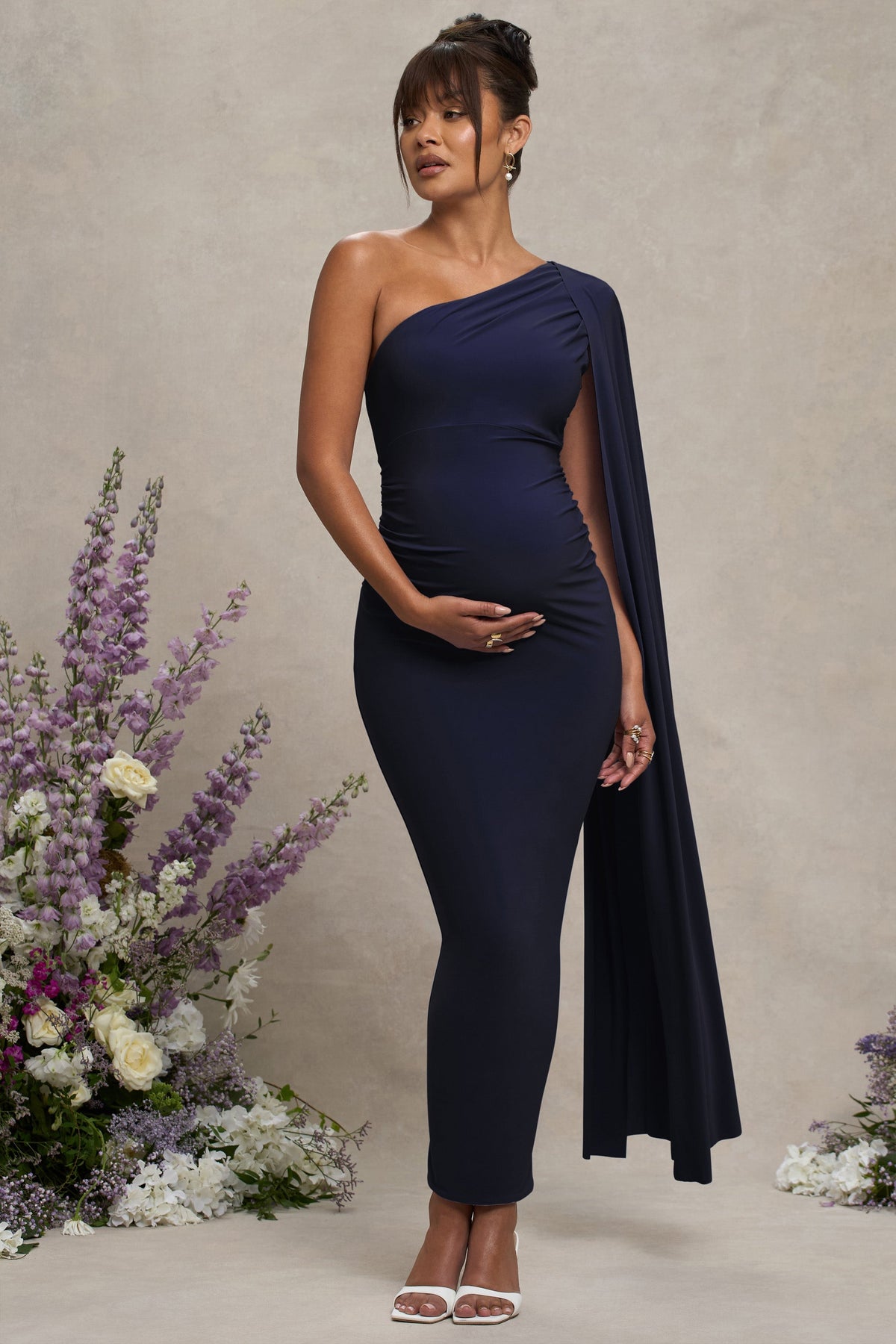 Amaryllis | NAVY Maternity One Shoulder Maxi Dress with Cape Sleeve US 8 / NAVY Amaryllis | NAVY Maternity One Shoulder Maxi Dress with Cape Sleeve US 8 / NAVY