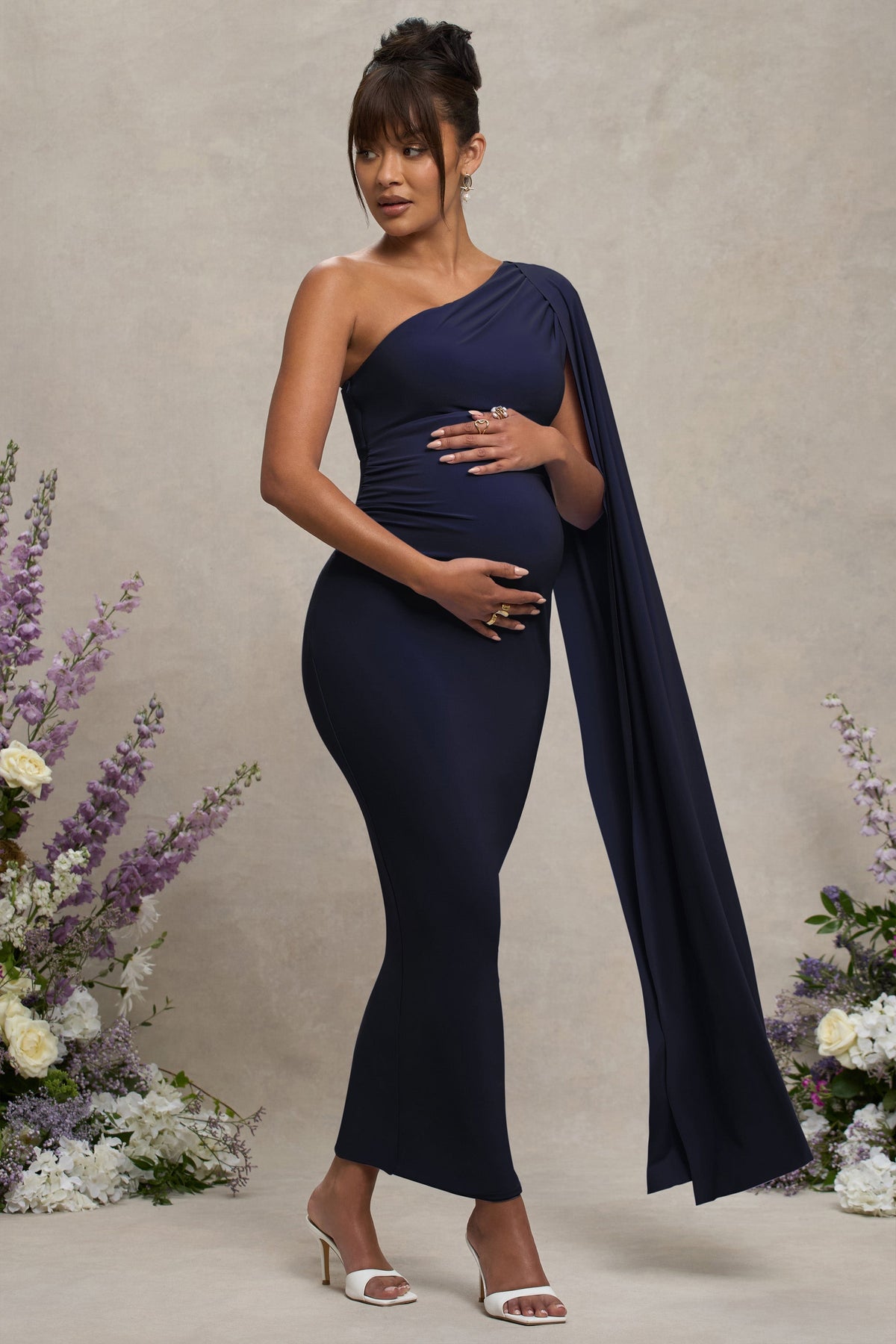 Amaryllis | NAVY Maternity One Shoulder Maxi Dress with Cape Sleeve US 8 / NAVY Amaryllis | NAVY Maternity One Shoulder Maxi Dress with Cape Sleeve US 8 / NAVY