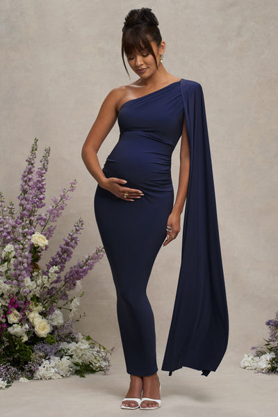 one shoulder maternity wedding dress Maternity One Shoulder Tulle Overlay Sequin Party Dress Champagne / XL