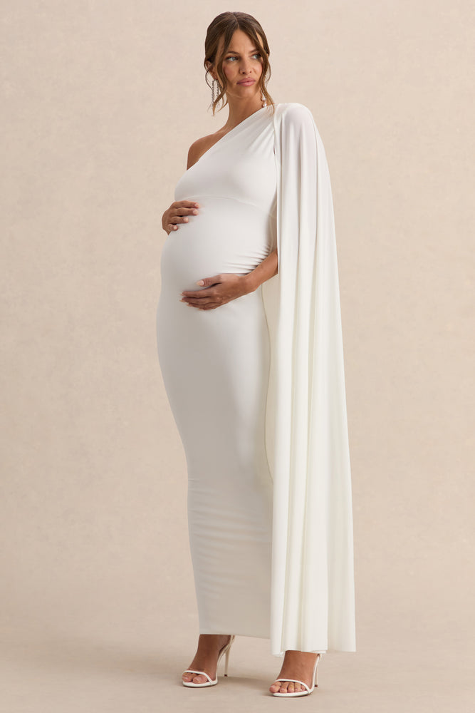 Amaryllis White Maternity One Shoulder Maxi Dress with Cape Sleeve – Club L  London