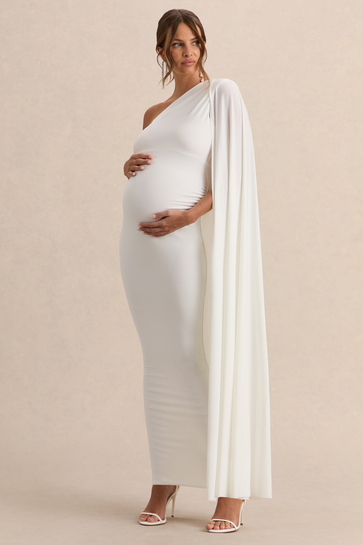 Amaryllis | White Maternity One Shoulder Maxi Dress with Cape Sleeve US 6 / White Amaryllis | White Maternity One Shoulder Maxi Dress with Cape Sleeve US 6 / White