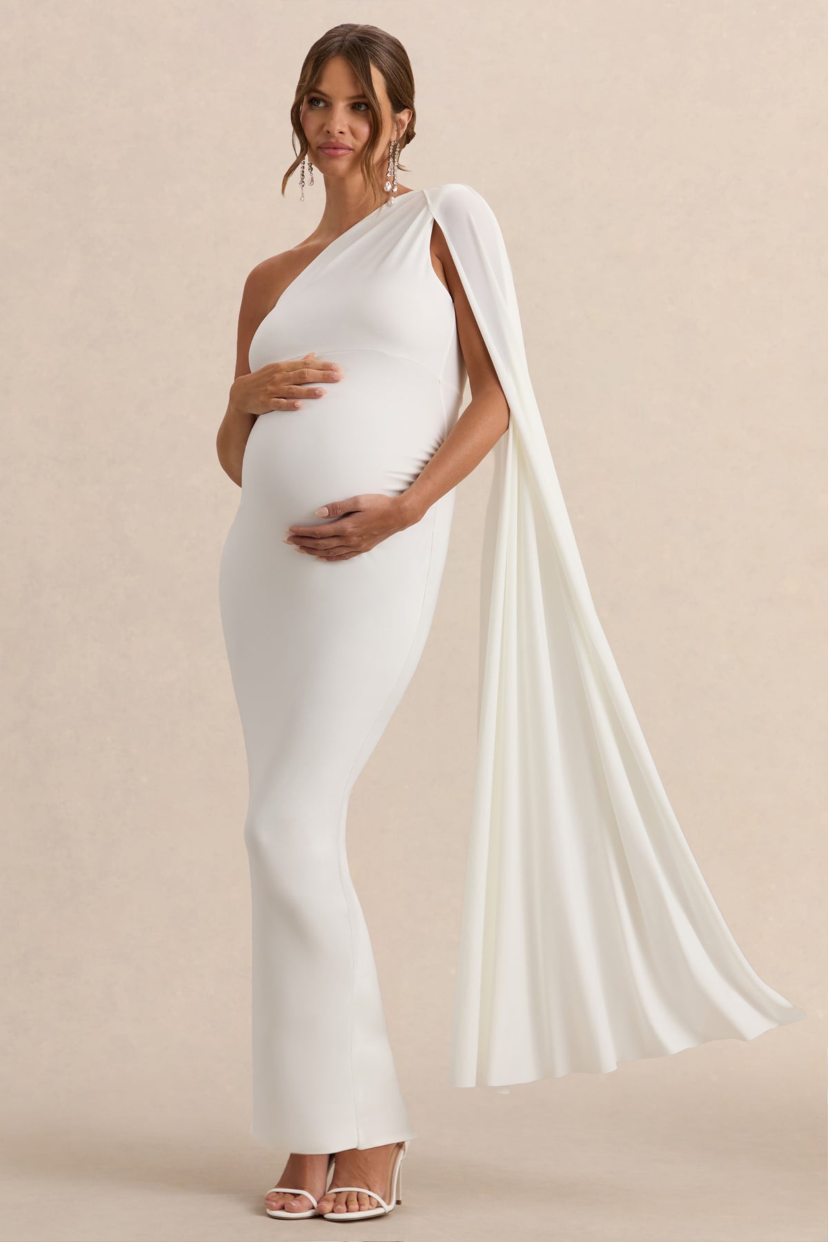 Amaryllis | White Maternity One Shoulder Maxi Dress with Cape Sleeve US 6 / White Amaryllis | White Maternity One Shoulder Maxi Dress with Cape Sleeve US 6 / White