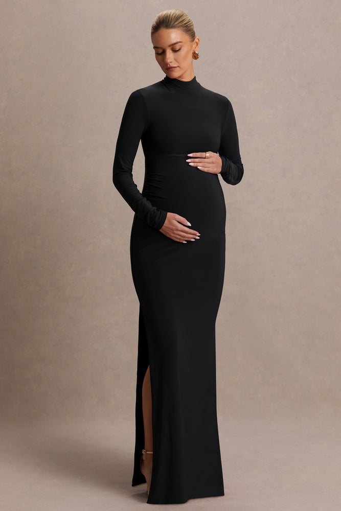 fitted lace wedding dress Alejandra Black Maternity Long Sleeve High Neck Maxi Dress – Club L London