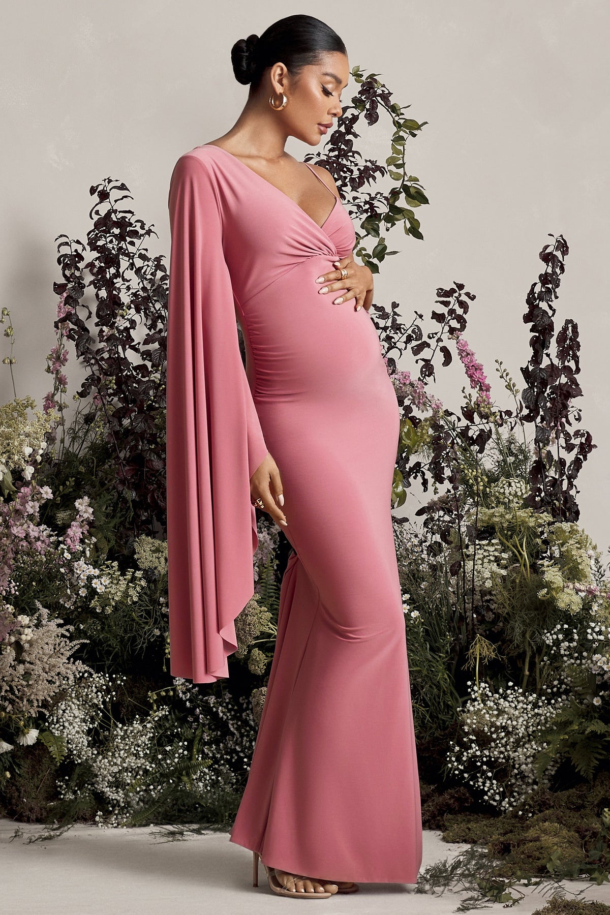 Rhea Blush Pink V-Neck Split Maternity Maxi Dress With Cape Sleeve ...
