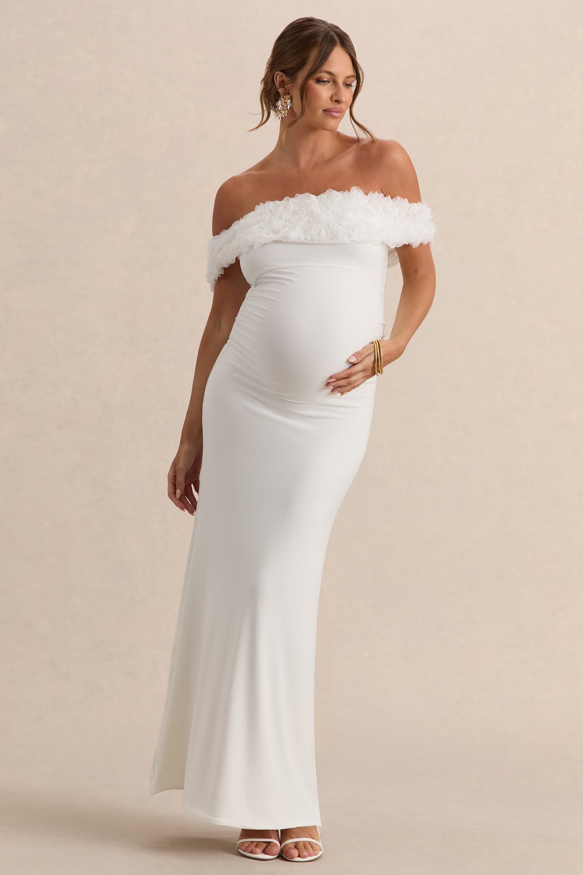 Inflorescence | White Mesh Floral Bardot Maternity Maxi Dress - UK 16 White Inflorescence | White Mesh Floral Bardot Maternity Maxi Dress - UK 16 White