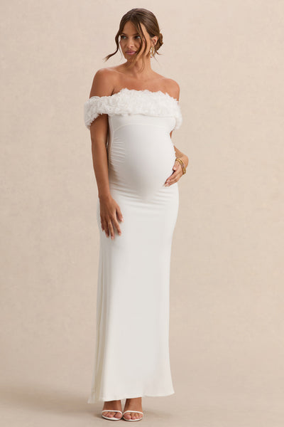 blush pink mesh floral bardot maternity maxi dress Inflorescence | White Mesh Floral Bardot Maternity Maxi Dress