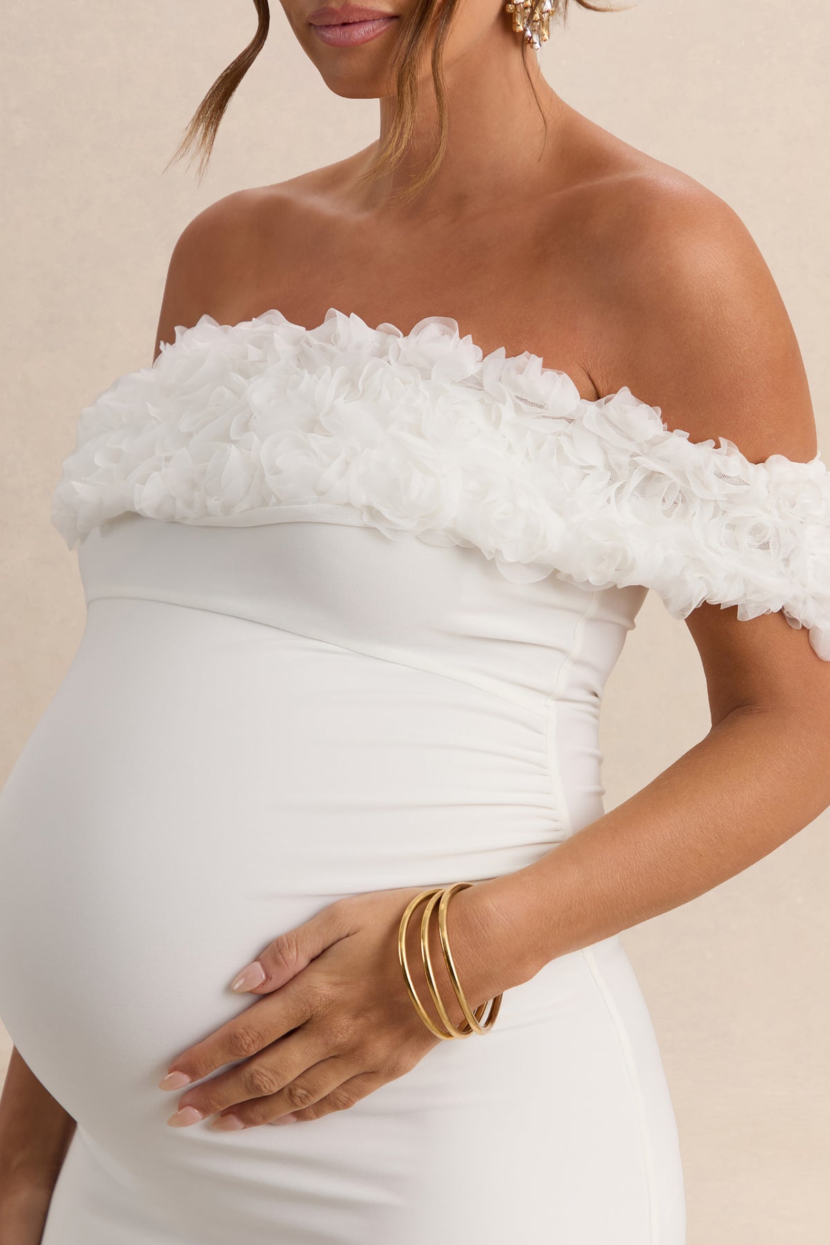 Inflorescence White Mesh Floral Bardot Maternity Maxi Dress Club L London - USA Inflorescence White Mesh Floral Bardot Maternity Maxi Dress Club L London - USA