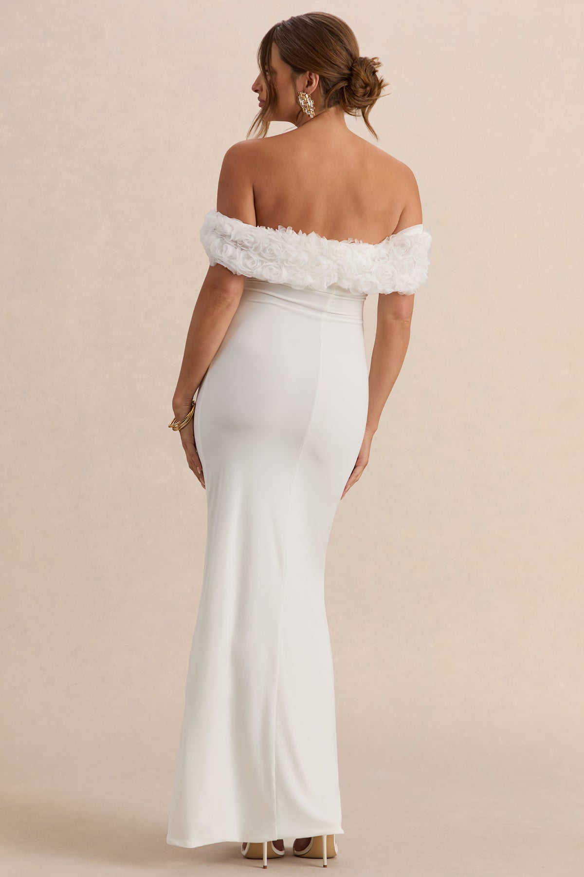Inflorescence | White Mesh Floral Bardot Maternity Maxi Dress - UK 16 White Inflorescence | White Mesh Floral Bardot Maternity Maxi Dress - UK 16 White