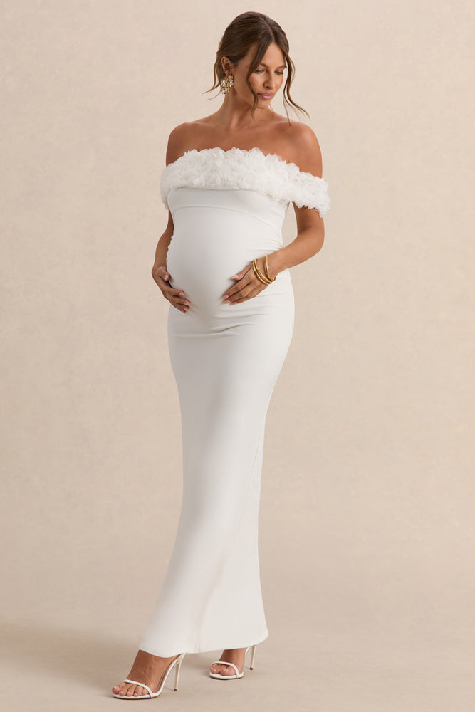 Inflorescence White Mesh Floral Bardot Maternity Maxi Dress – Club L London 