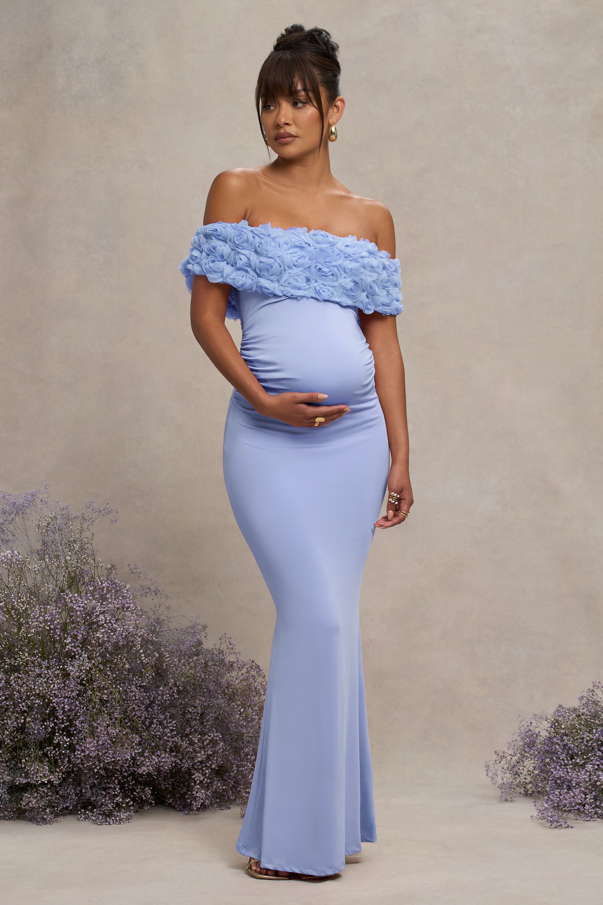 Inflorescence | Powder BLUE Mesh Floral Bardot Maternity Maxi Dress