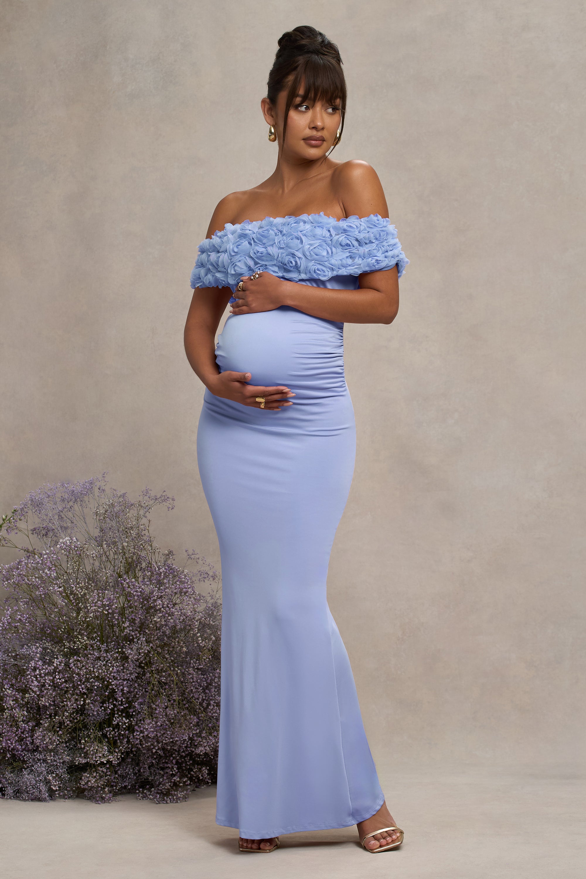 blue floral maternity dress Halter Maxi PinkBlush 100% Polyester Wash in cold water on gentle cycle Lay flat to dry Do not bleach Blue Floral Chiffon Ruffle Accent