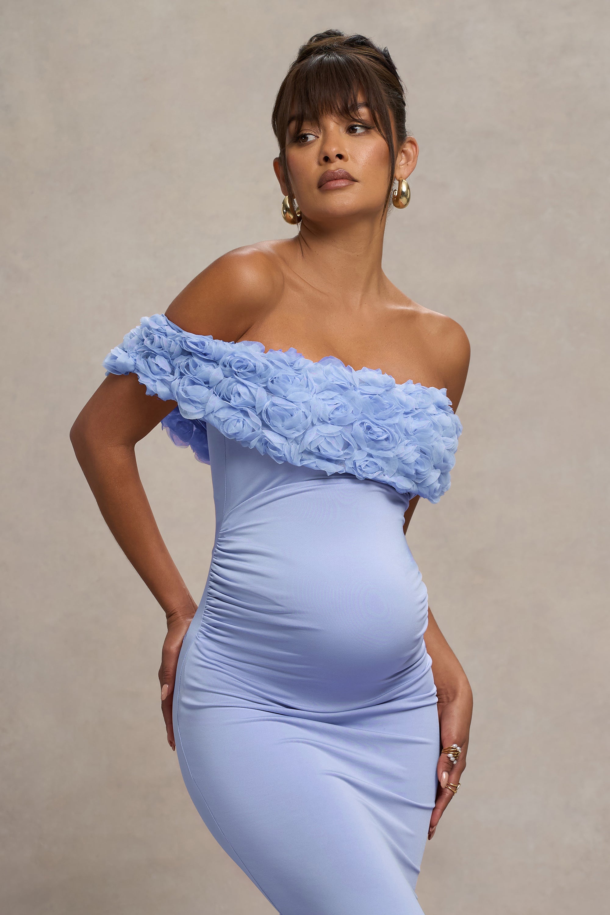 Inflorescence | Powder Blue Mesh Floral Bardot Maternity Maxi Dress – Club L London