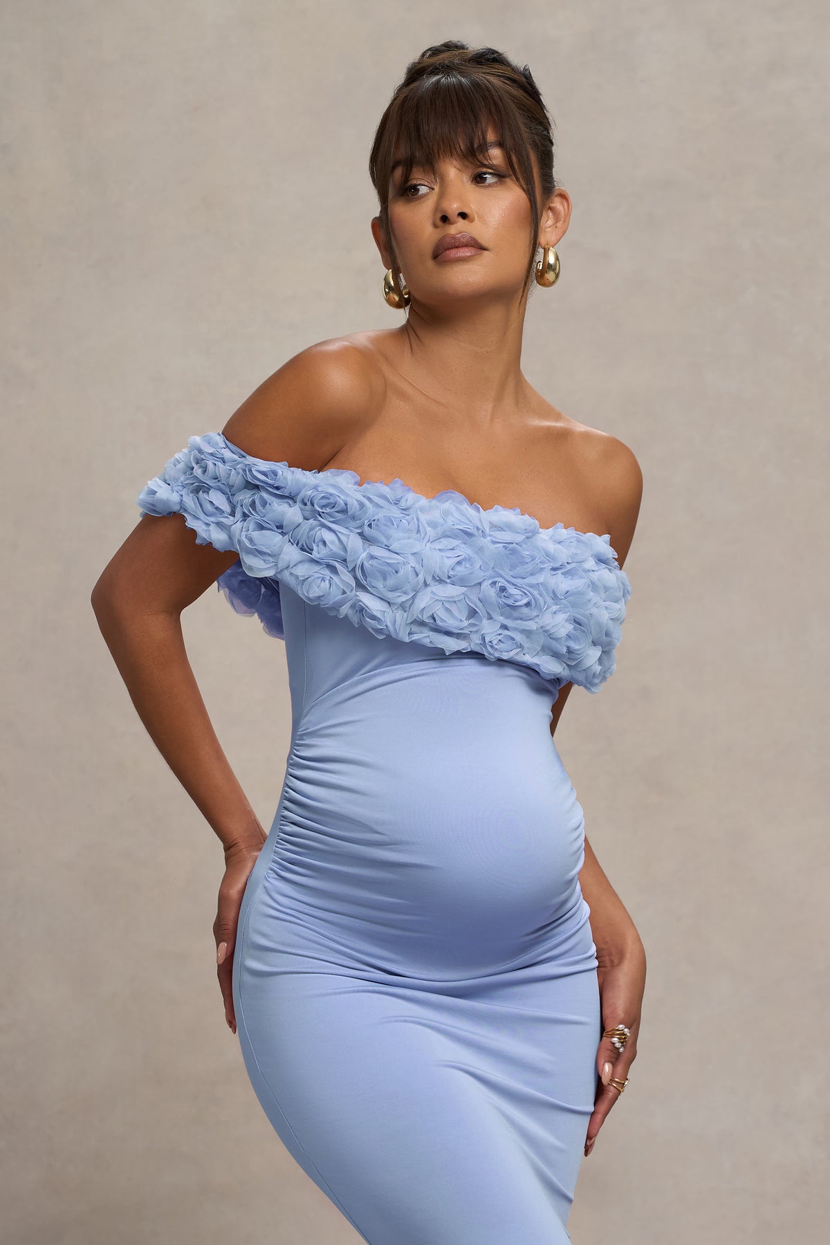 blue floral maternity dress Inflorescence | Powder BLUE Mesh Floral Bardot Maternity Maxi Dress