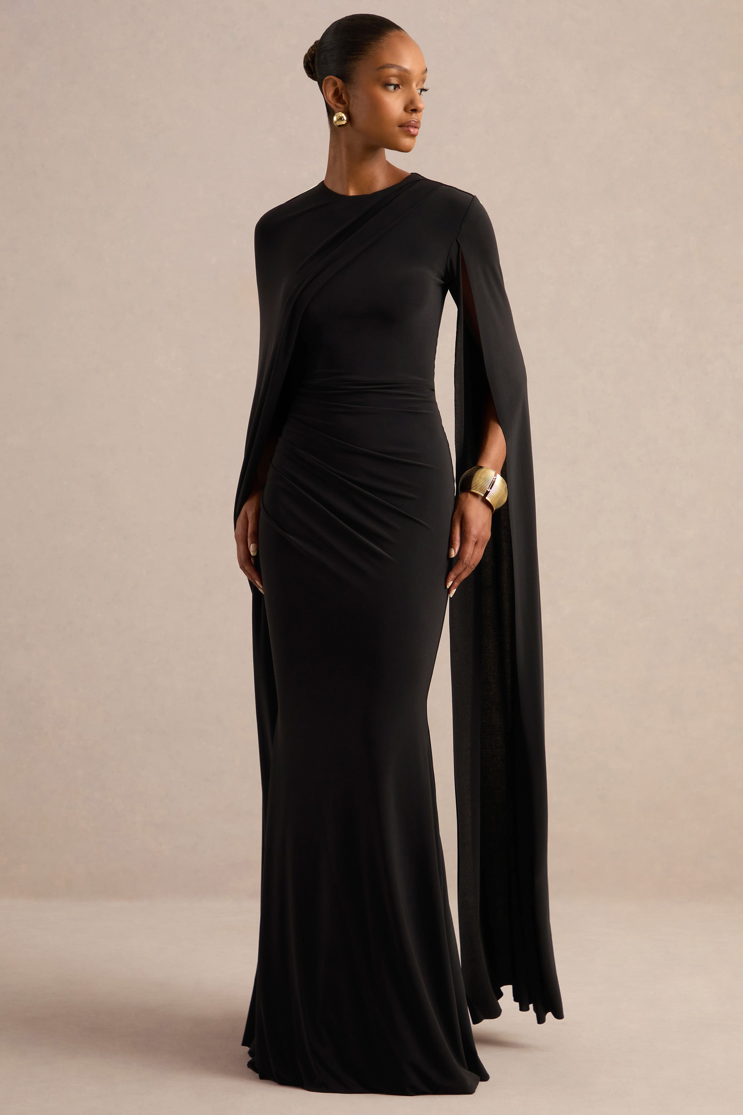 Magdelena | Black Asymmetric Cape Maxi Dress – Club L London - USA