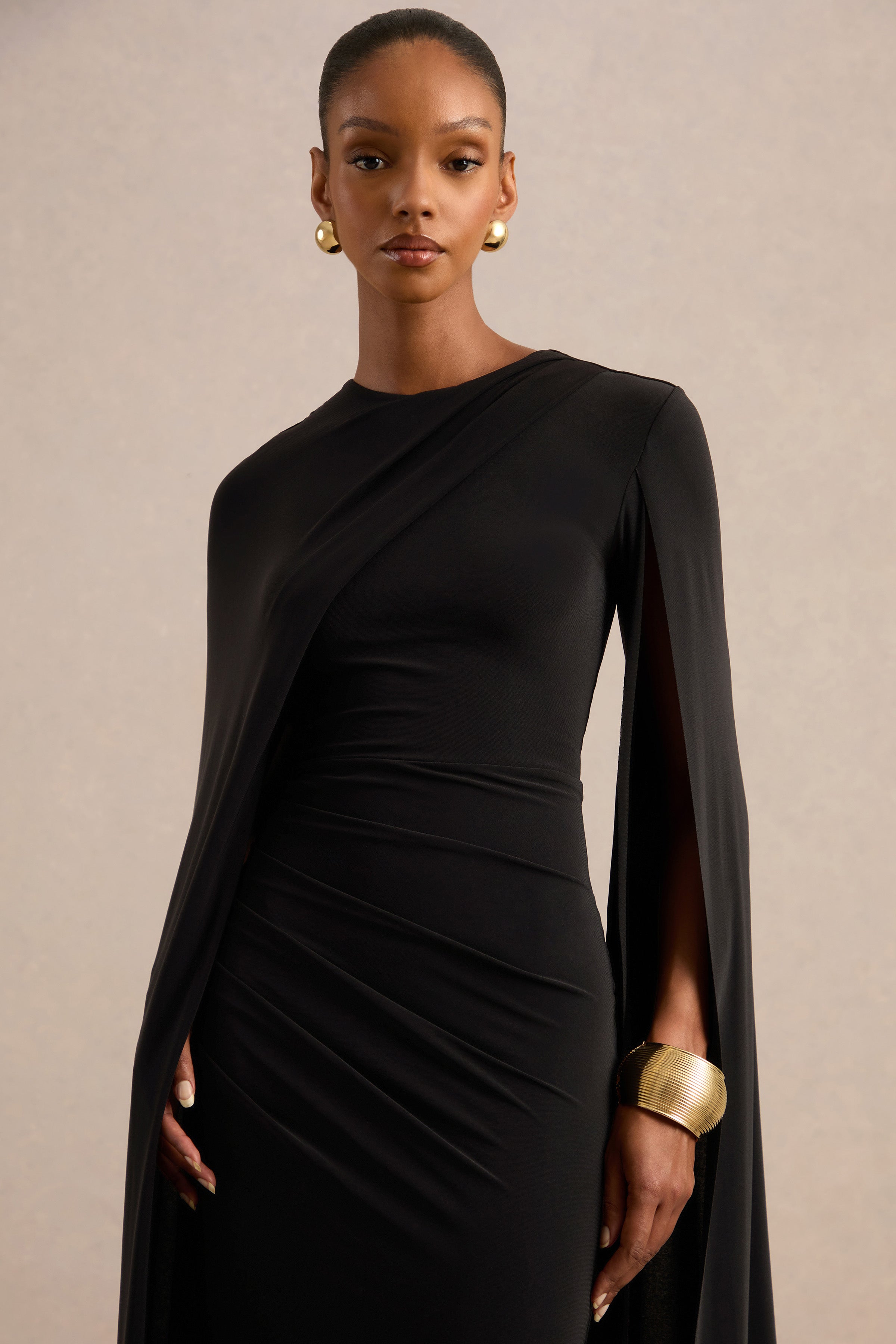 Magdelena | Black Asymmetric Cape Maxi Dress – Club L London - USA