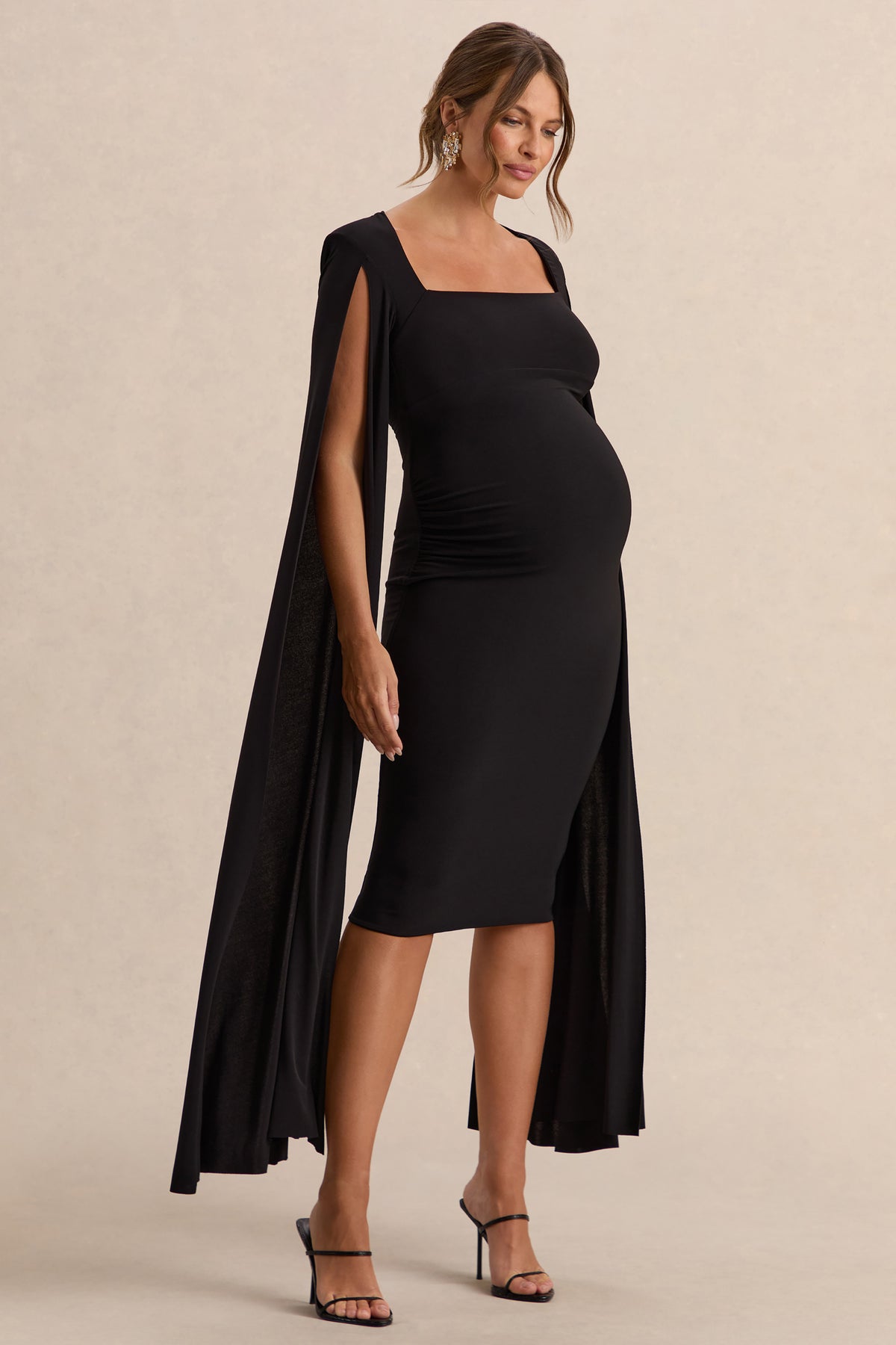 Flawless | Black Square-Neck Maternity Midi Dress With Cape-Sleeves - UK 12 Black Flawless | Black Square-Neck Maternity Midi Dress With Cape-Sleeves - UK 12 Black