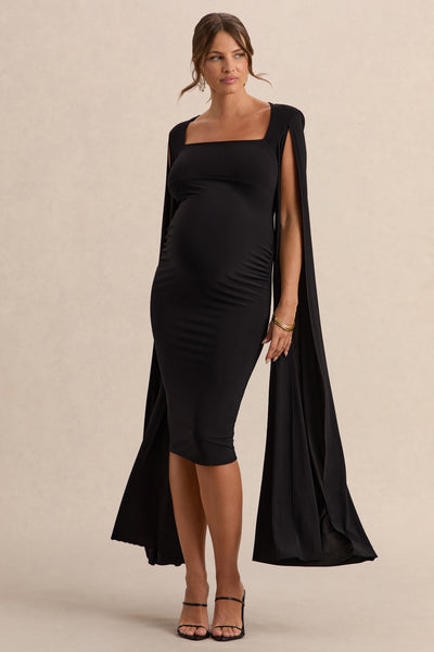 maternity dresses black Flawless | Square-Neck Midi Dress With Cape-Sleeves Black Sparkly Evening Dress Tea Length (53.1 flower girl dresses COLOR:Clear Sky