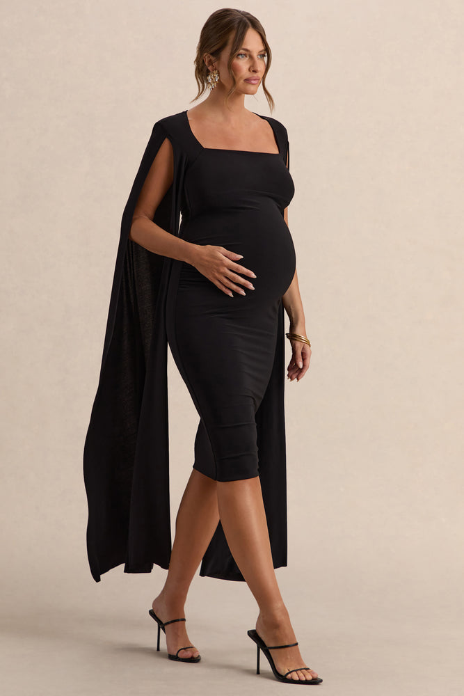 Flawless | Black Square-Neck Maternity Midi Dress with Cape-Sleeves