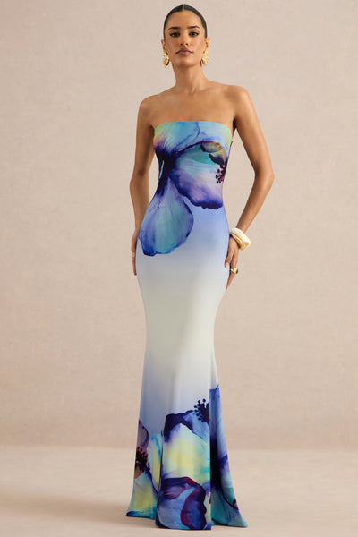 Ceremony | BLUE Ombre Floral Print Bandeau Maxi Dress