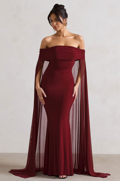Carlotta | Berry Bardot Maxi Dress With Chiffon Cape – Club L London