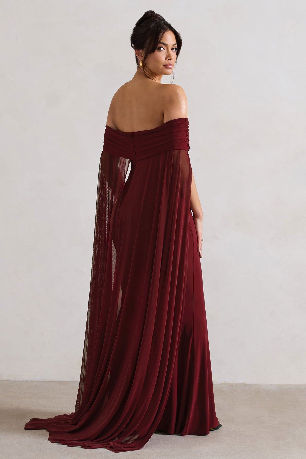 Carlotta | Berry Bardot Maxi Dress With Chiffon Cape - UK 10 Berry Carlotta | Berry Bardot Maxi Dress With Chiffon Cape - UK 10 Berry