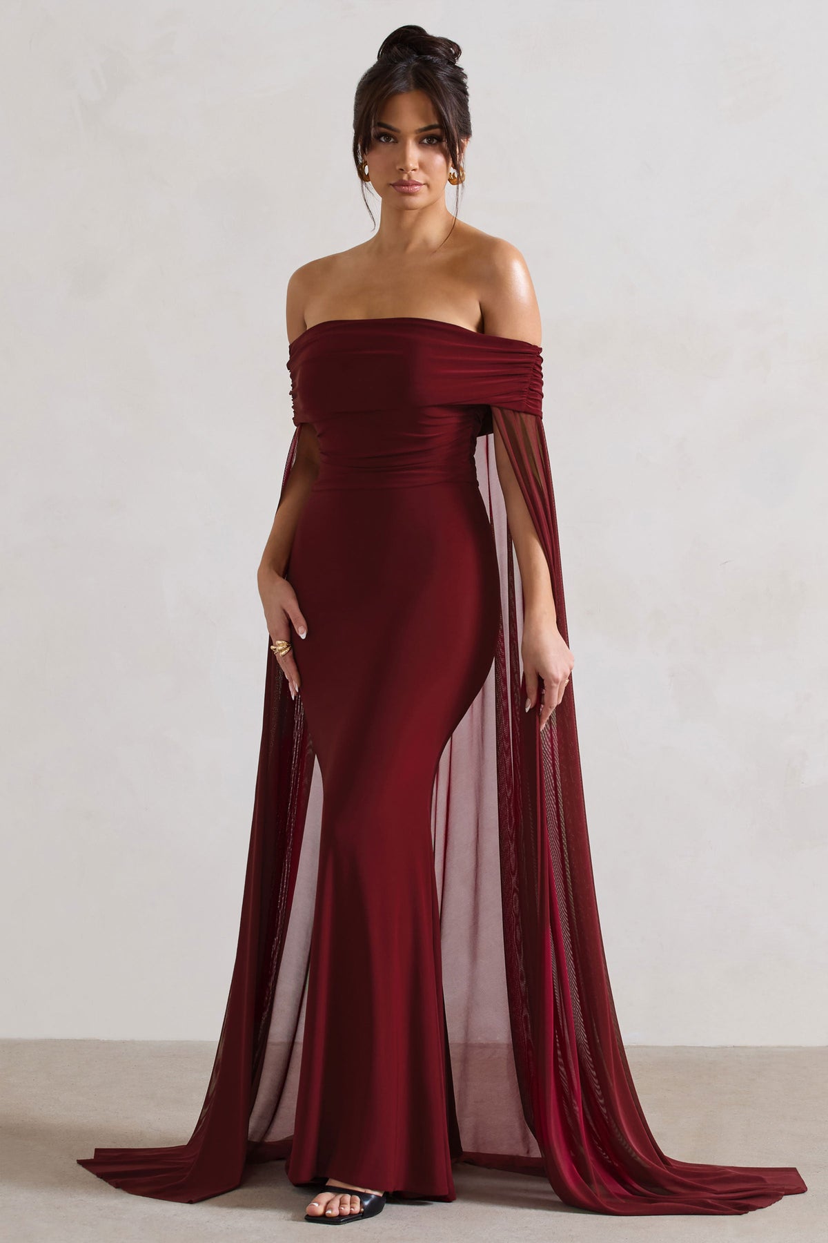 Carlotta | Berry Bardot Maxi Dress With Chiffon Cape - UK 8 Berry Carlotta | Berry Bardot Maxi Dress With Chiffon Cape - UK 8 Berry