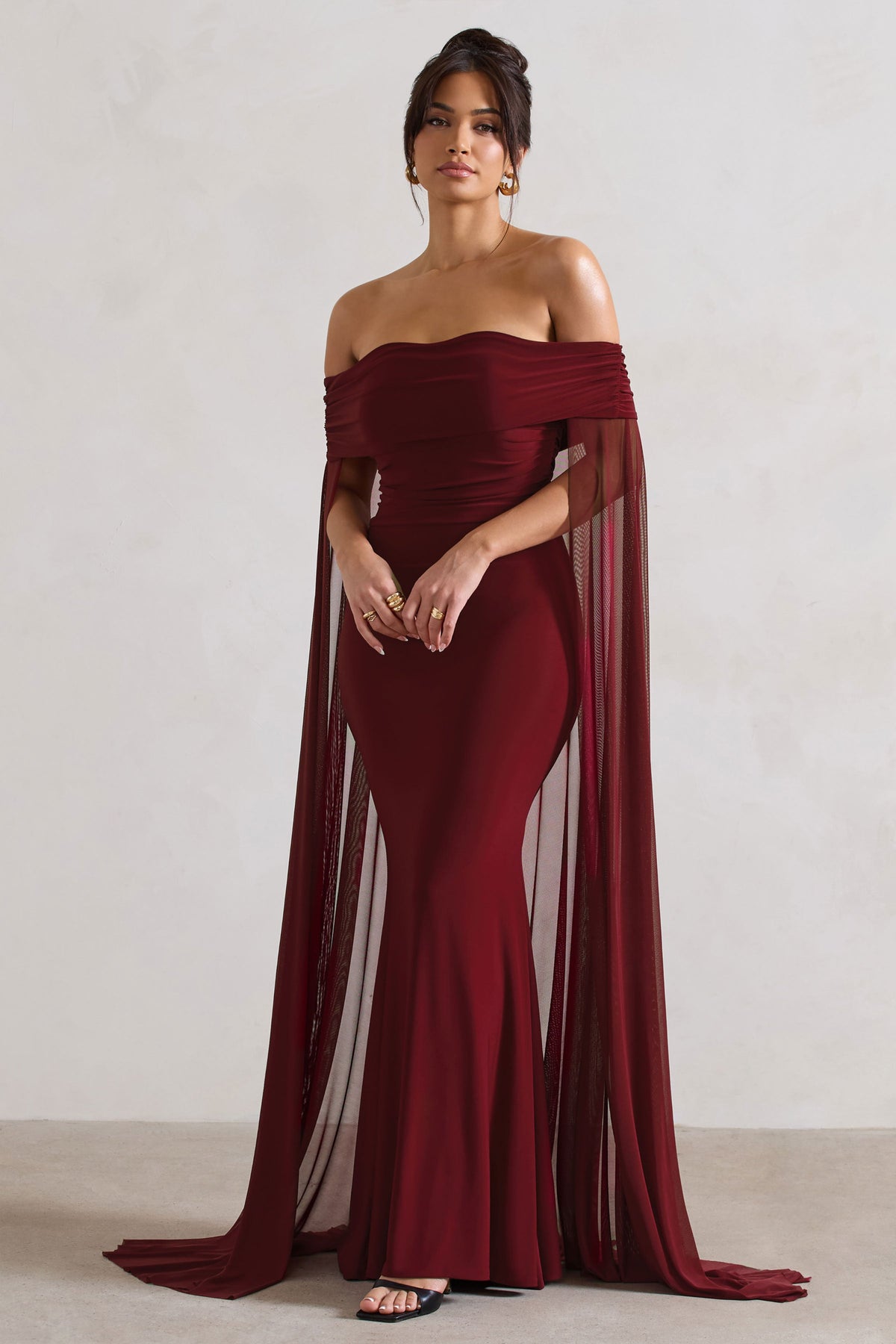 Carlotta | Berry Bardot Maxi Dress with Chiffon Cape - UK 10 Berry Carlotta | Berry Bardot Maxi Dress with Chiffon Cape - UK 10 Berry