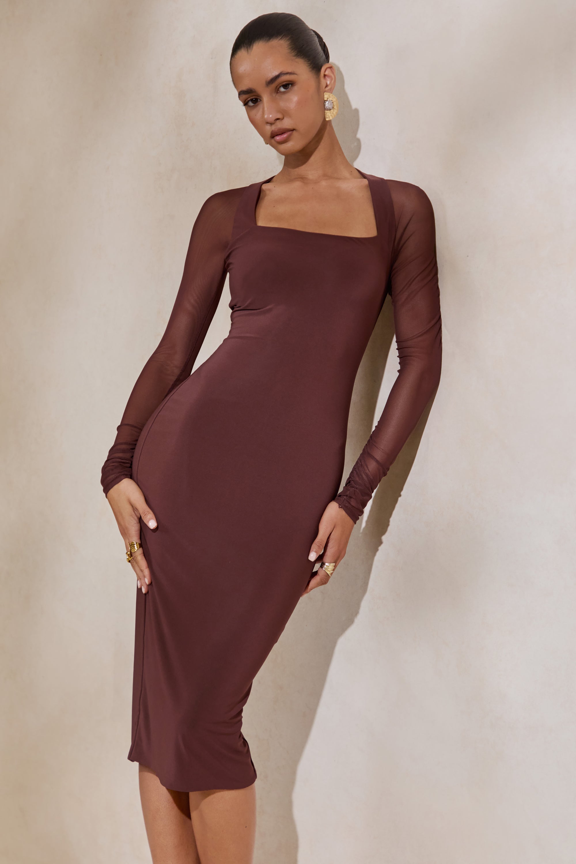 brown long sleeve midi dress Vintage Button-front | Romantic | Soft Fabric, Cottagecore Charm 100% Polyester Lining ASTR the Label | Belted