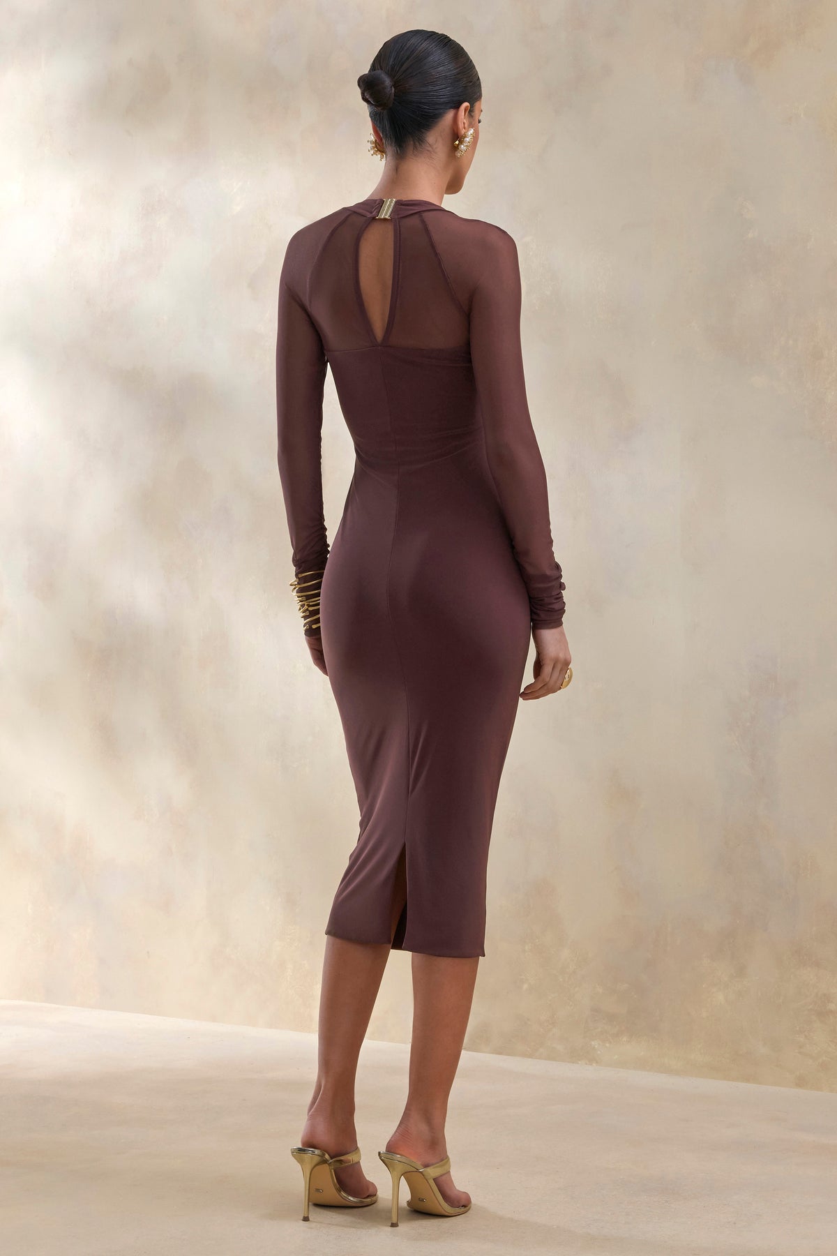 Off Track Brown Bodycon Midi Dress With Sheer Sleeves Club L London - USA Off Track Brown Bodycon Midi Dress With Sheer Sleeves Club L London - USA