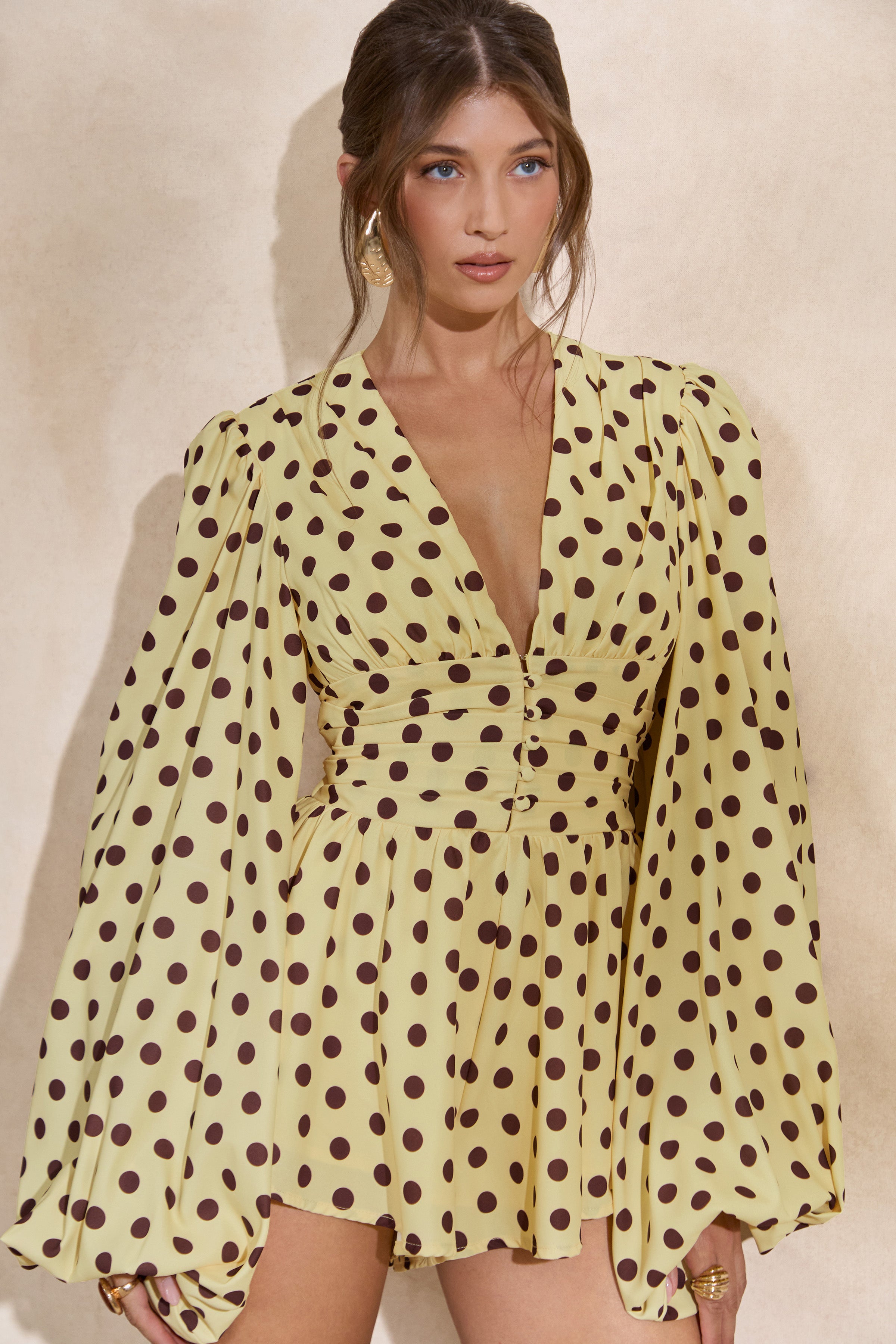 Laurel | Lemon Polka Dot V-Neck Balloon Sleeve Romper – Club L