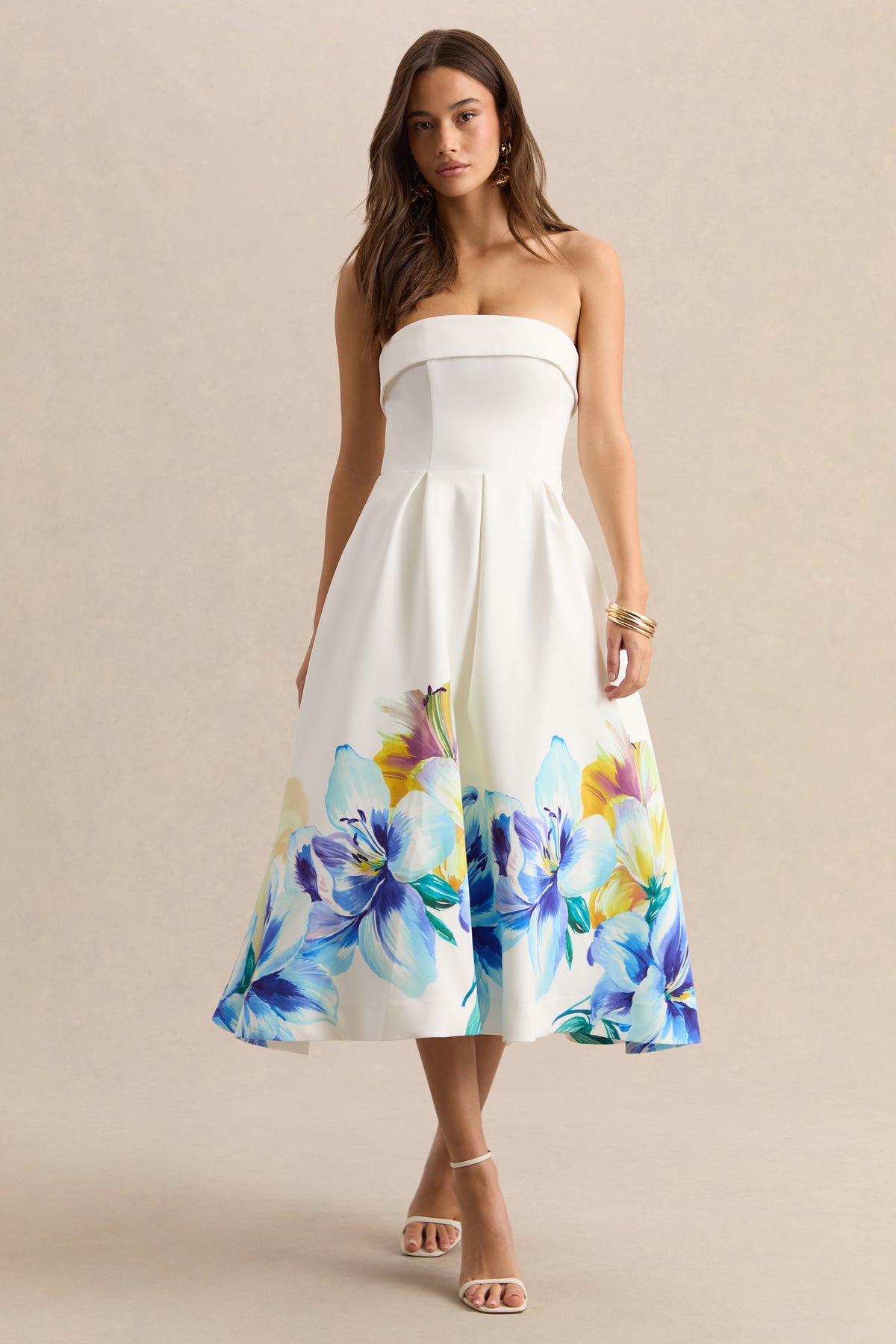 Annalise Blue And Yellow Floral Border Print Bandeau Skater Midi Dre Club L London - USA Annalise Blue And Yellow Floral Border Print Bandeau Skater Midi Dre Club L London - USA