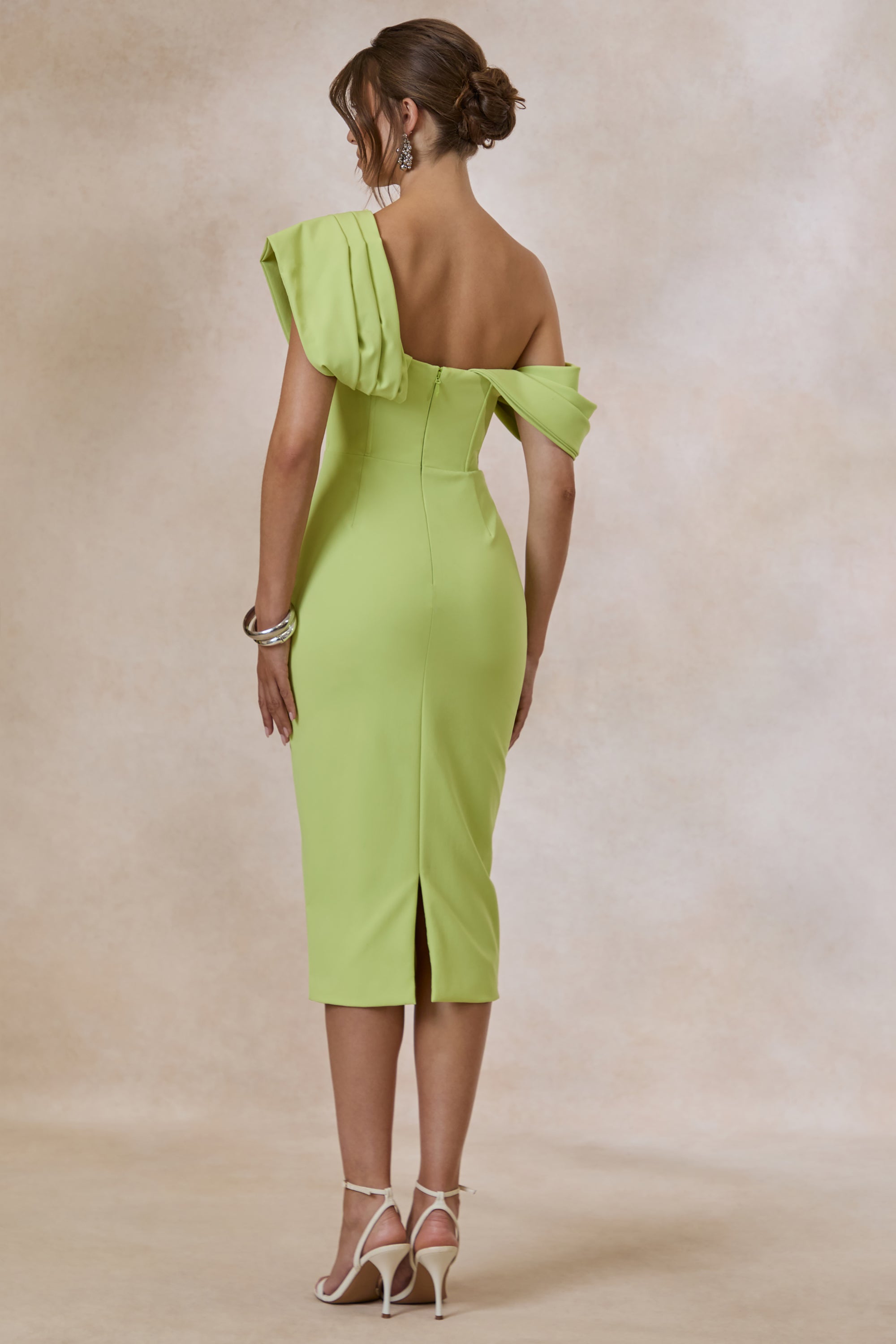 lime green one sleeve dress Adrina | Lime Draped One Shoulder Midi Dress Club L London