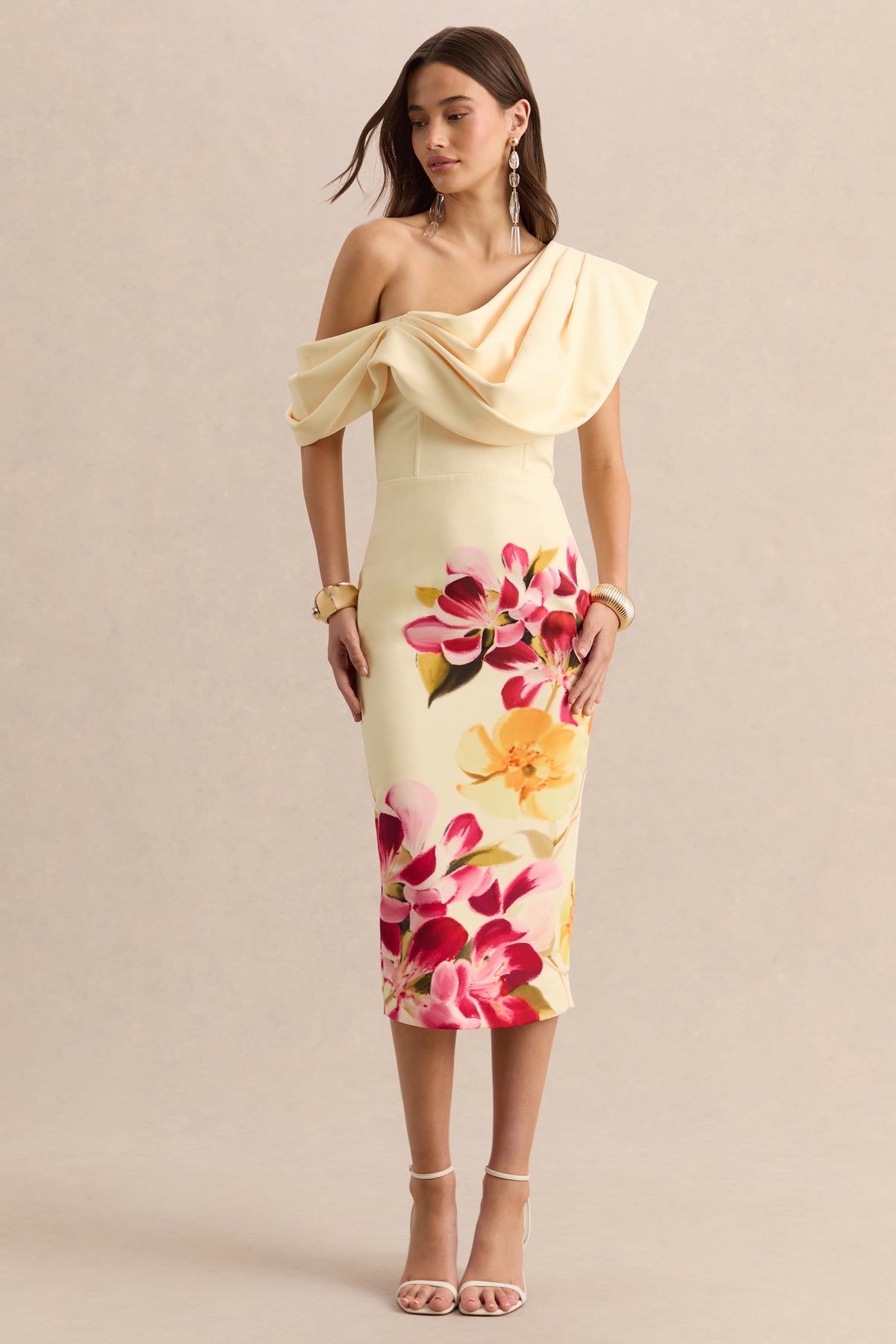 Adrina | Hot PINK & Lemon Floral Print Draped One Shoulder Midi Dress - UK 8 YELLOW AND PINK Adrina | Hot PINK & Lemon Floral Print Draped One Shoulder Midi Dress - UK 8 YELLOW AND PINK