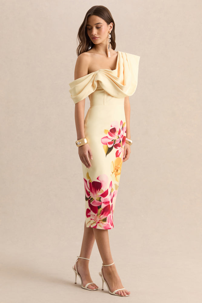 Adrina | Hot PINK & Lemon Floral Print Draped One Shoulder Midi Dress - UK 6 YELLOW AND PINK Adrina | Hot PINK & Lemon Floral Print Draped One Shoulder Midi Dress - UK 6 YELLOW AND PINK