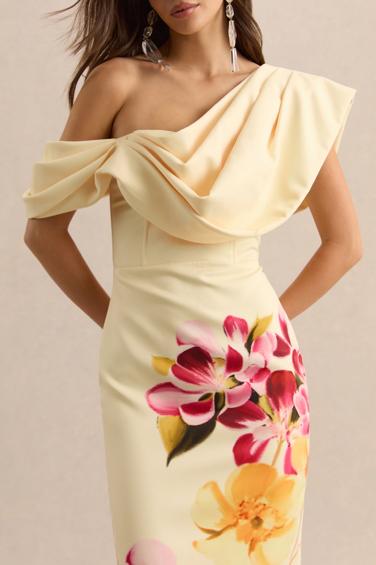 Adrina | Hot PINK & Lemon Floral Print Draped One Shoulder Midi Dress Adrina | Hot PINK & Lemon Floral Print Draped One Shoulder Midi Dress