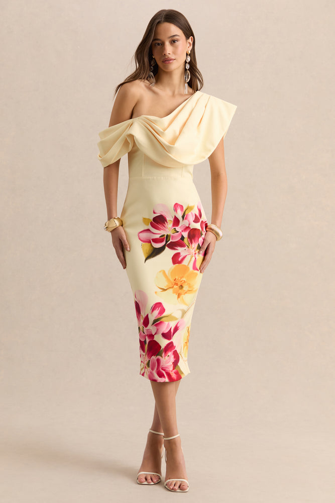 one-shoulder midi dress Adrina | Hot PINK & Lemon Floral Print Draped One Shoulder Midi Dress