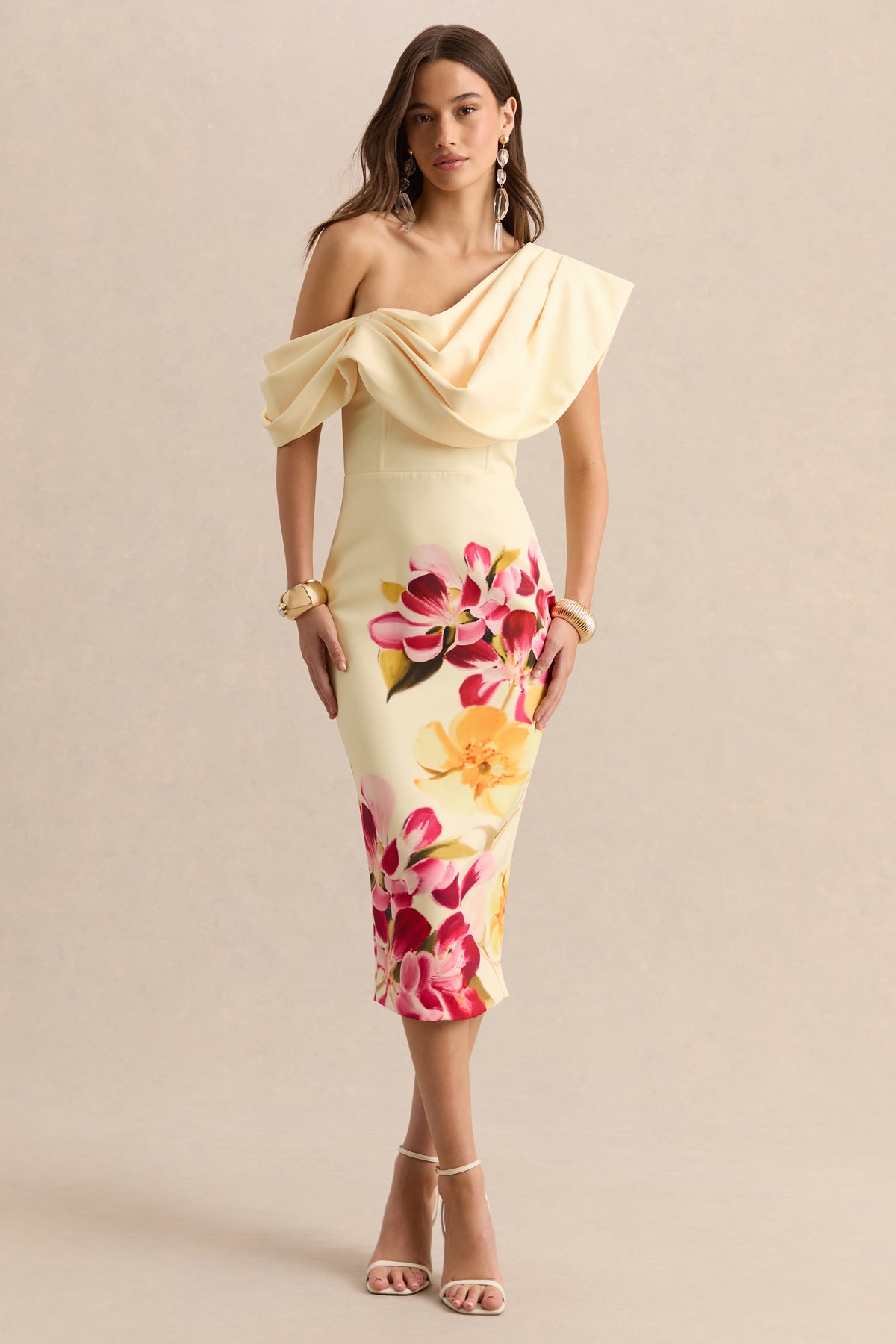 Adrina | Hot PINK & Lemon Floral Print Draped One Shoulder Midi Dress - UK 8 YELLOW AND PINK Adrina | Hot PINK & Lemon Floral Print Draped One Shoulder Midi Dress - UK 8 YELLOW AND PINK