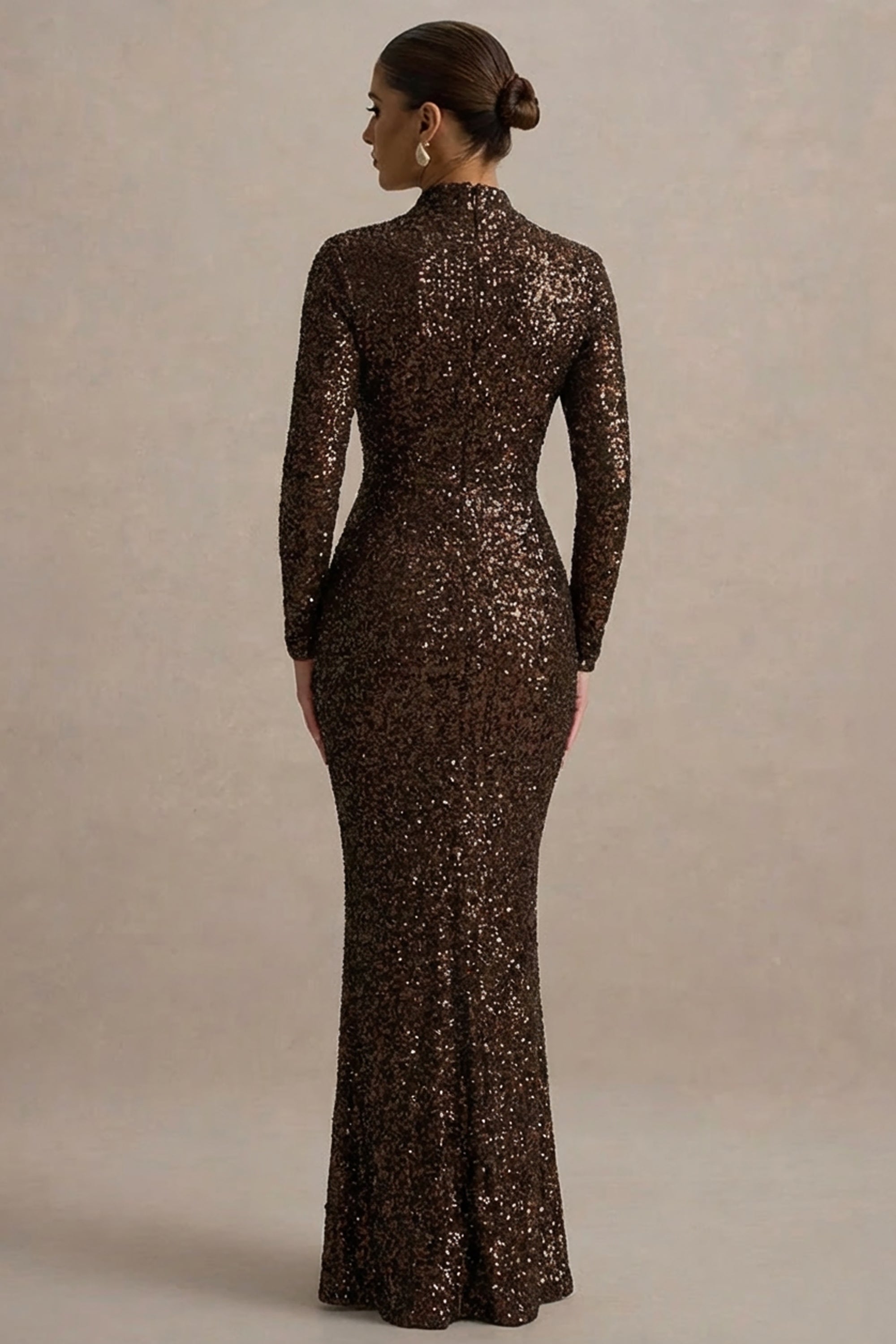 brown sequence dress Chocolate Brown Crystal-Embellished Maxi Dress L