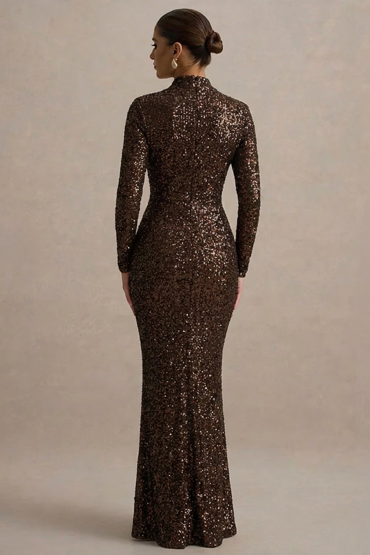 Galaxy Brown Sequin Turtle-Neck Long-Sleeve Maxi Dress Club L London - USA Galaxy Brown Sequin Turtle-Neck Long-Sleeve Maxi Dress Club L London - USA