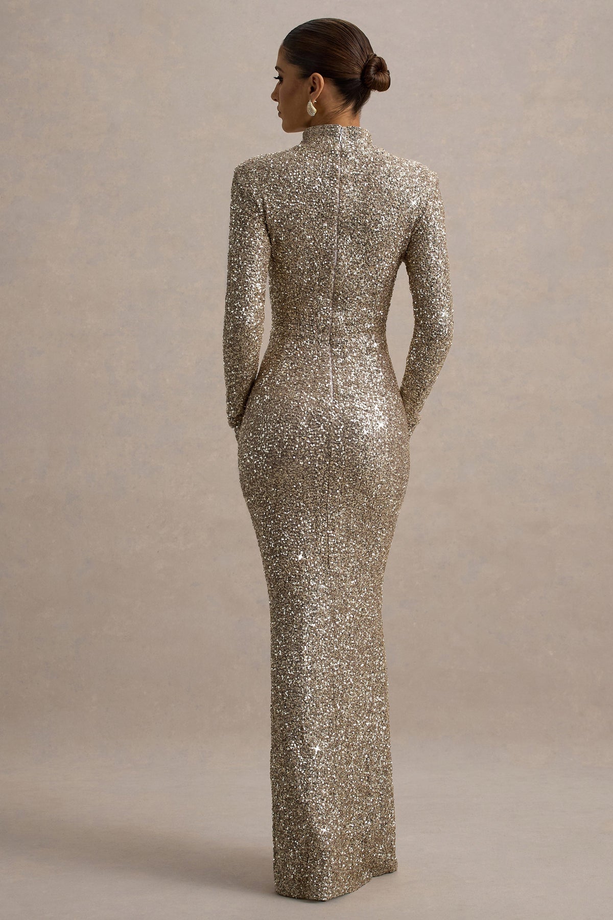 Galaxy | Champagne Sequin Turtle-Neck Long-Sleeve Maxi Dress - UK 6 Champagne Galaxy | Champagne Sequin Turtle-Neck Long-Sleeve Maxi Dress - UK 6 Champagne