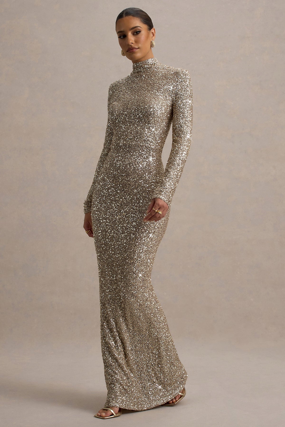 Galaxy | Champagne Sequin Turtle-Neck Long-Sleeve Maxi Dress - UK 6 Champagne Galaxy | Champagne Sequin Turtle-Neck Long-Sleeve Maxi Dress - UK 6 Champagne