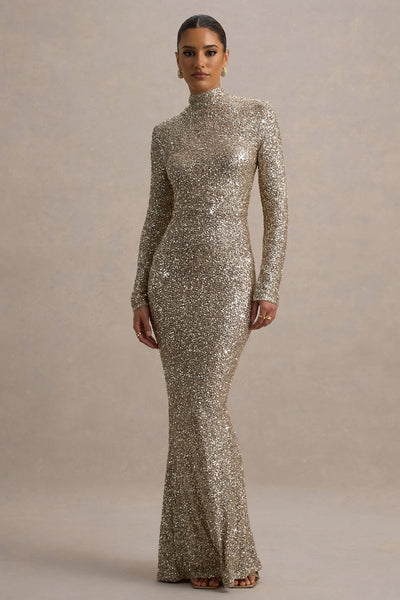 shantelle sequins dress in champagne sparkle Galaxy | Champagne Sequin Turtle-Neck Long-Sleeve Maxi Dress
