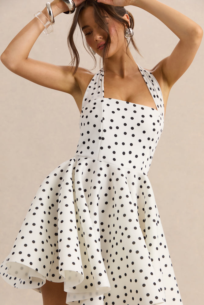 Peggy | White & Black Polka Dot Halter-Neck Skater Mini Dress - UK 14 White Peggy | White & Black Polka Dot Halter-Neck Skater Mini Dress - UK 14 White