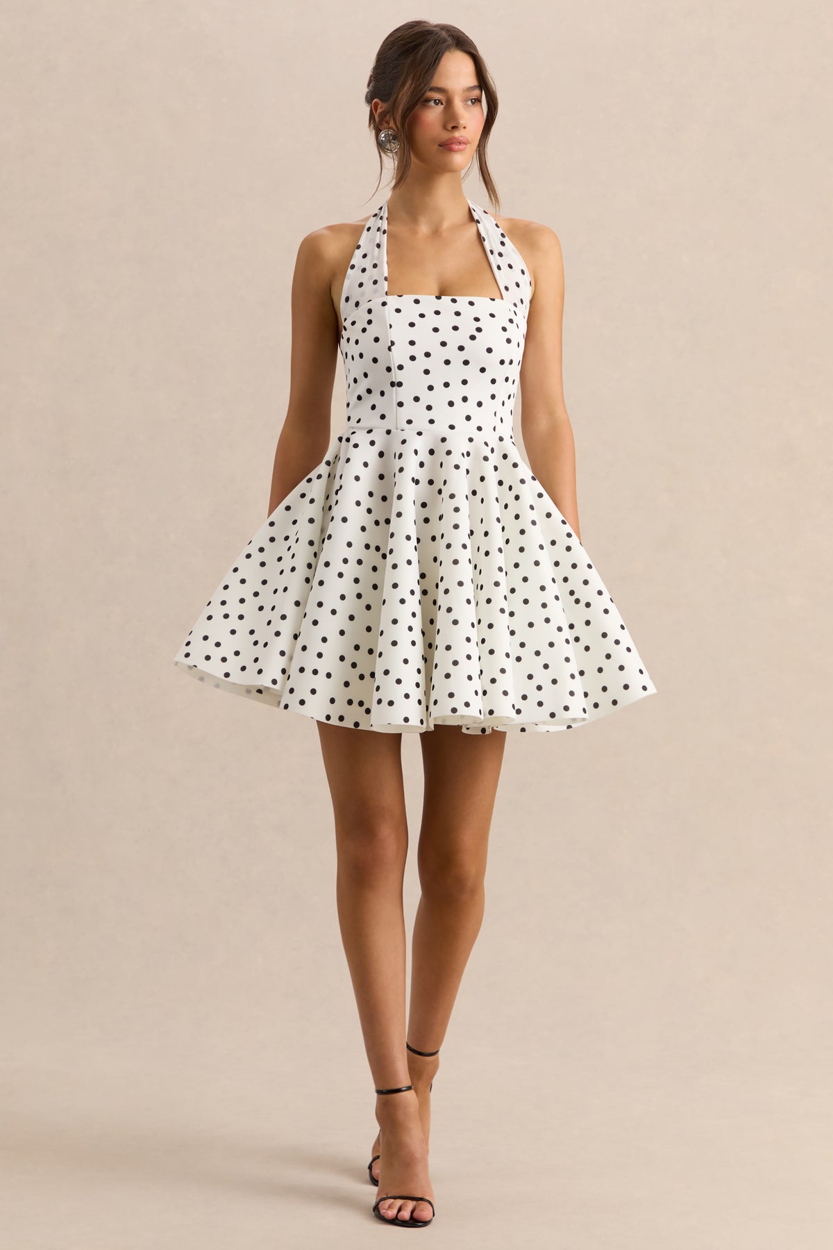 Peggy | White & Black Polka Dot Halter-Neck Skater Mini Dress - UK 14 White Peggy | White & Black Polka Dot Halter-Neck Skater Mini Dress - UK 14 White